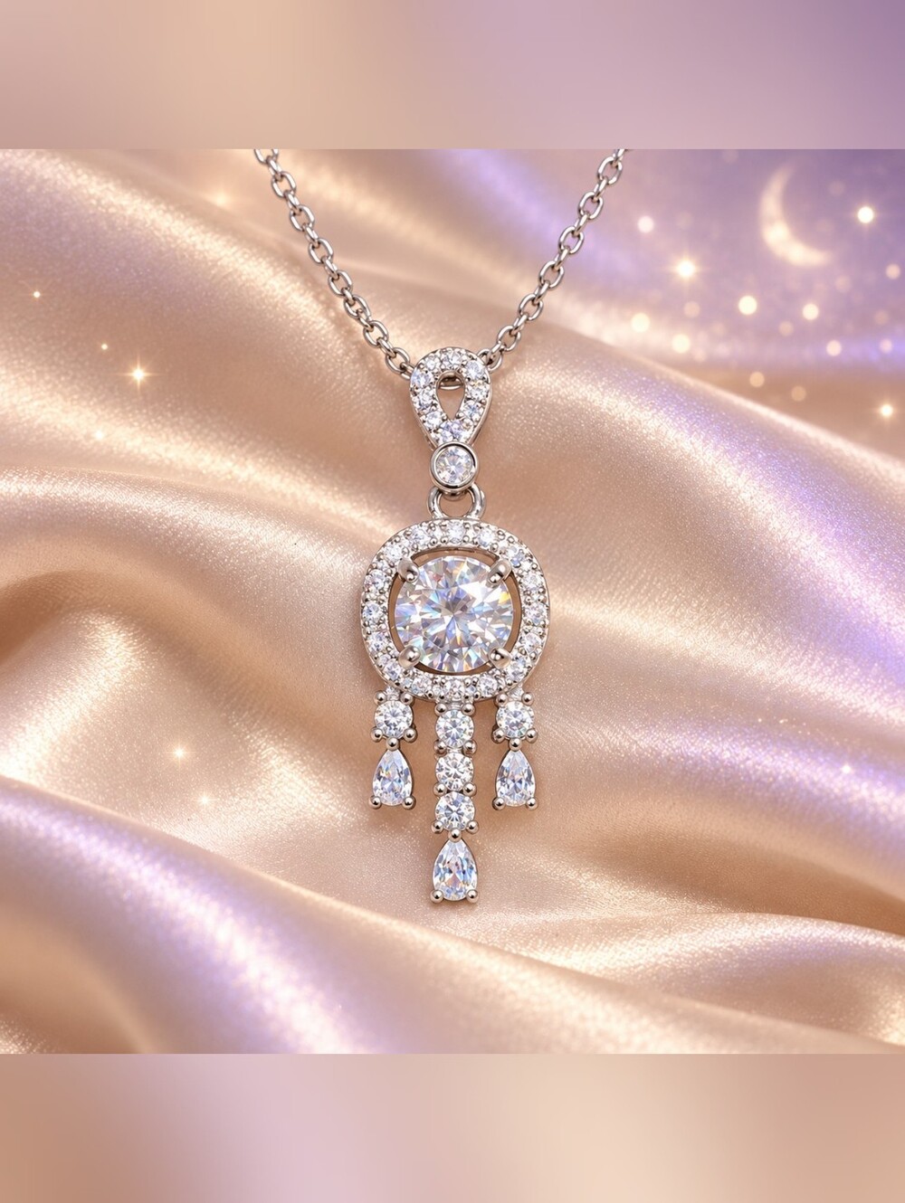 Sterling Silver Chain With Moissanite Drop Pendant Necklace